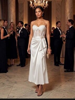 Satiny White Faux Wrapped On Side With Gold Buckle Maxi Skirt